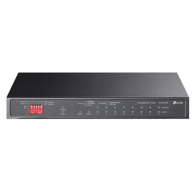 10-Port Gigabit Desktop Switch with 6-Port PoE+ and 2-Port PoE++ PORT: 2× Gigabit PoE++ Ports, 6× Gigabit PoE+ Ports, 2x Gigabit Non-PoE Ports, 1× Combo Gigabit SFP Slot SPEC: 802.3af/at/bt type3, 123