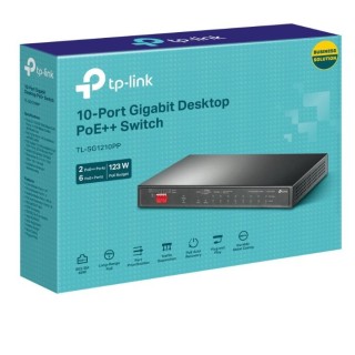10-Port Gigabit Desktop Switch with 6-Port PoE+ and 2-Port PoE++ PORT: 2× Gigabit PoE++ Ports, 6× Gigabit PoE+ Ports, 2x Gigabit Non-PoE Ports, 1× Combo Gigabit SFP Slot SPEC: 802.3af/at/bt type3, 123