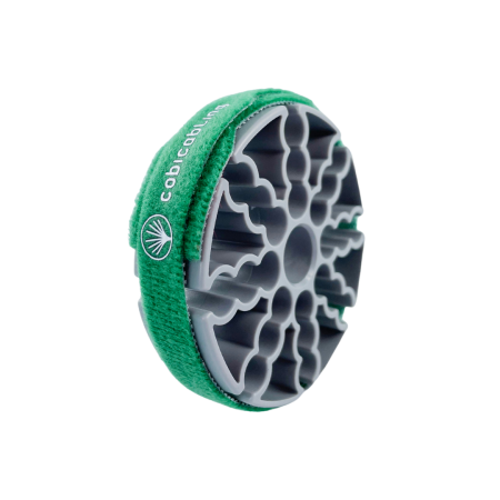 Narzędzie CobiCabling do organizowania wiązek kabli instalacyjnych w kolorze szarym, zielona opaska rzepowa