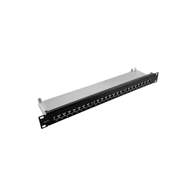 Patch Panel CobiCabling 19" kat. 6A STP 24xRJ45 1U czarny, z tylną półką Patch Panel CobiCabling 19" kat. 6A STP 24xRJ45 1U czarny, z tylną półką