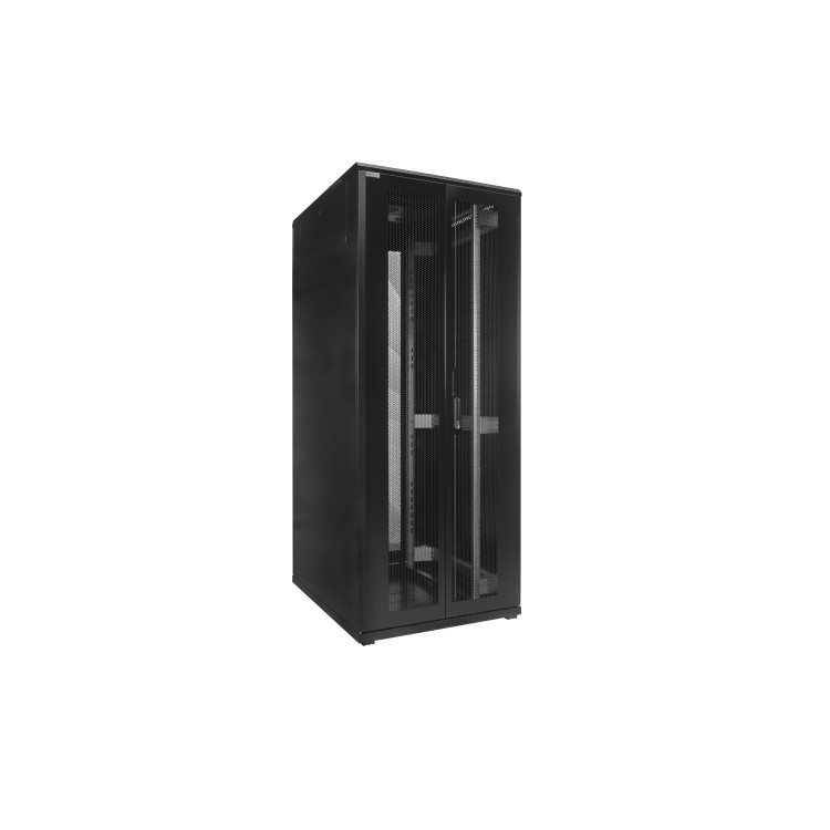 Szafa dystrybucyjna CobiCabling Vertical 19" 27U 600x600mm, drzwi przednie i tyle perforowane 80%, drzwi tylne dwuskrzydłowe, panel wentylacyjny 2-wentylatorowy , kółka, stopki,  czarna RAL 9004