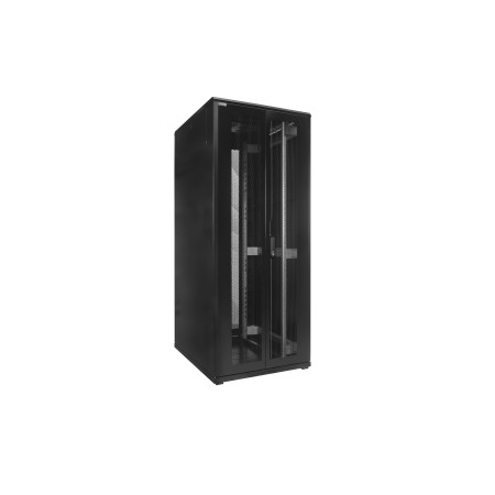Szafa dystrybucyjna CobiCabling Vertical 19" 27U 600x600mm, drzwi przednie i tyle perforowane 80%, drzwi tylne dwuskrzydłowe, panel wentylacyjny 2-wentylatorowy , kółka, stopki,  czarna RAL 9004
