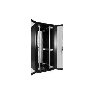 Szafa dystrybucyjna CobiCabling Vertical 19" 27U 600x600mm, drzwi przednie i tyle perforowane 80%, drzwi tylne dwuskrzydłowe, panel wentylacyjny 2-wentylatorowy , kółka, stopki,  czarna RAL 9004