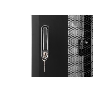 Szafa dystrybucyjna CobiCabling Vertical 19" 27U 600x600mm, drzwi przednie i tyle perforowane 80%, drzwi tylne dwuskrzydłowe, panel wentylacyjny 2-wentylatorowy , kółka, stopki,  czarna RAL 9004