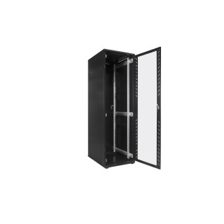 Szafa dystrybucyjna Vertical 19" 42U 600x1200mm, drzwi przednie przeszklone, drzwi tylne pełne, panel wentylacyjny 4-wentylatorowy, kółka - 2 z blokadą, stopki, kpl. linek uziemienia, czarna RAL 9004