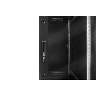 Szafa dystrybucyjna Vertical 19" 42U 800x1200mm, drzwi przednie przeszklone, drzwi tylne pełne, panel wentylacyjny 4-wentylatorowy, kółka - 2 z blokadą, stopki, kpl. linek uziemienia, czarna RAL 9004