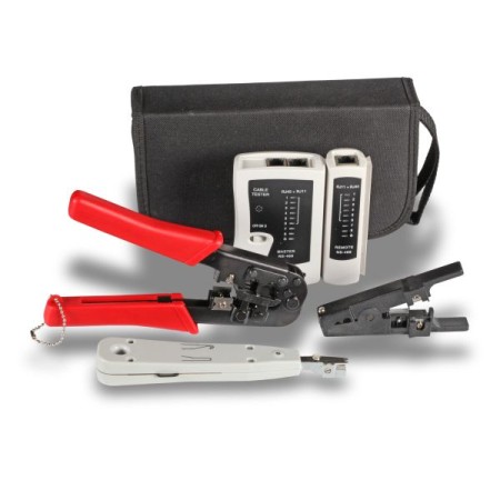 Zestaw podstawowych narzędzi instalatorskich do budowy okablowania (prosty tester, ściągacz izolacji, zaciskarka wtyków RJ, przyrząd montażowy LSA bez sensora)