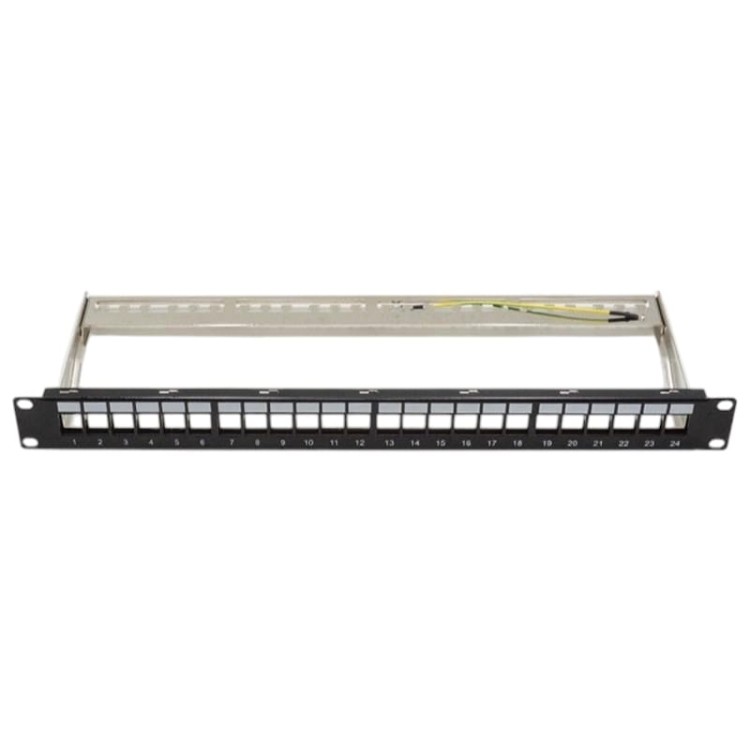 Patchpanel 19" FTP 24xRJ45 1U pusty z uchwytami, czarny
